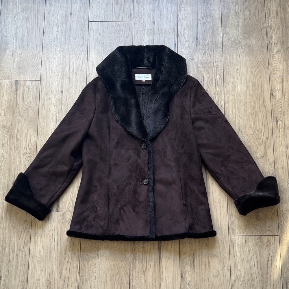 Calvin Klein Faux Suede Shearling Brown Button Jacket Women’s XL